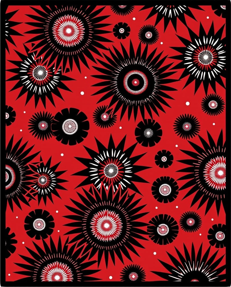 Red Black White Starburst Floral Rug