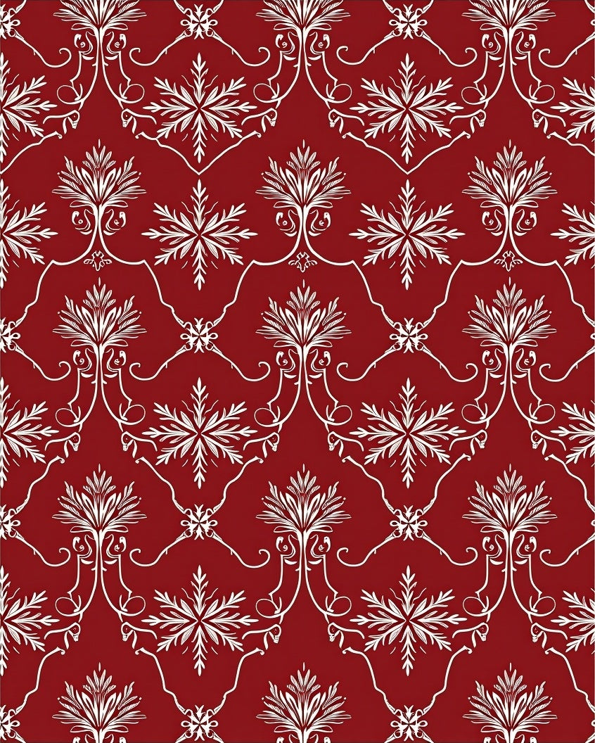 Crimson White Damask Scrollwork Leaf Rug