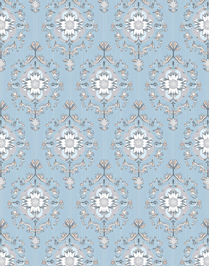 Serene Blue Floral Medallion Damask Rug