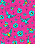 Bright Pink Teal Bird Floral Meadow Rug