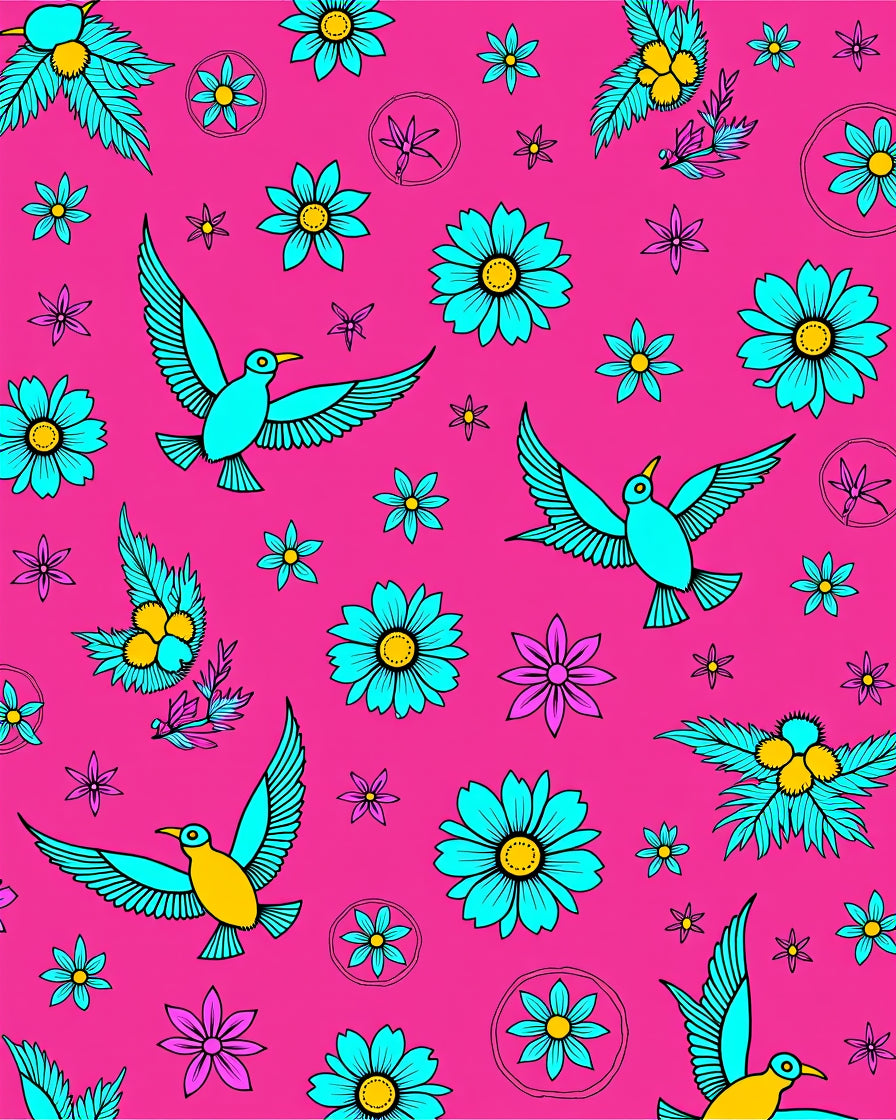 Bright Pink Teal Bird Floral Meadow Rug