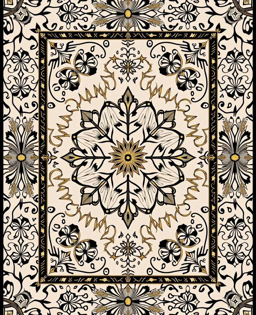 Cream Black Gold Floral Medallion Rug