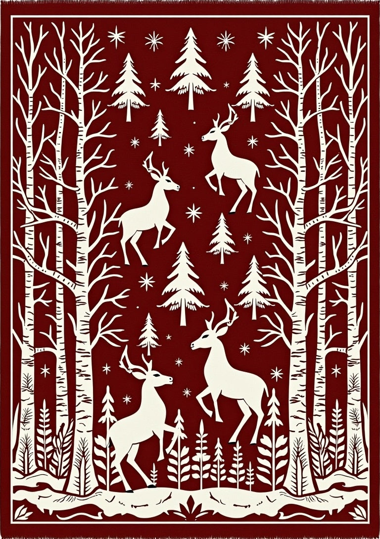 Red Forest Deer Winter Scene Rug