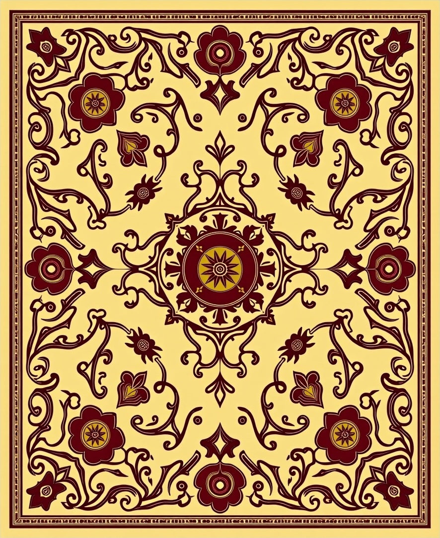 Golden Yellow Burgundy Floral Medallion Rug