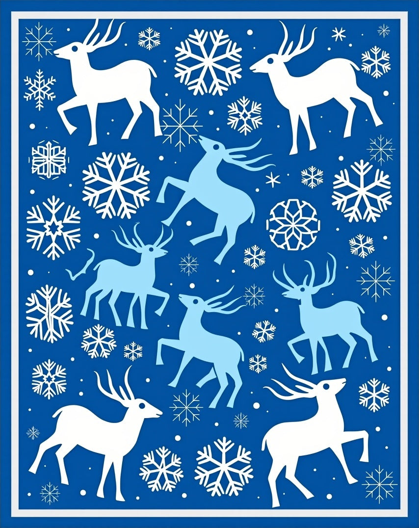Blue White Reindeer Snowflake Winter Scene Rug