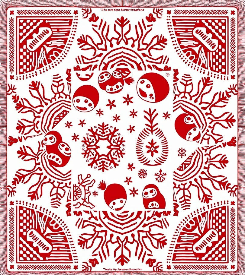 Crimson Whimsical Folk Creature Medallion Rug