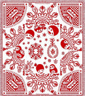 Crimson Whimsical Folk Creature Medallion Rug