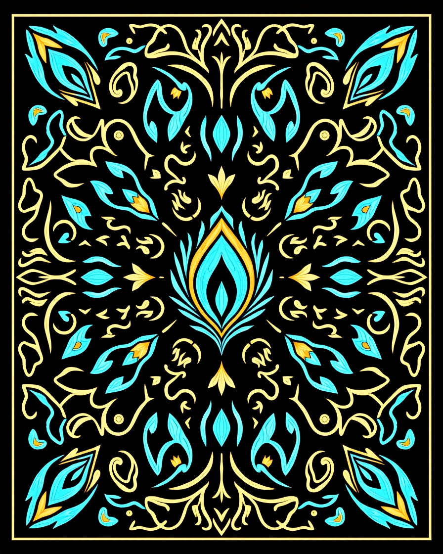 Turquoise Yellow Floral Scrollwork Symmetry Rug