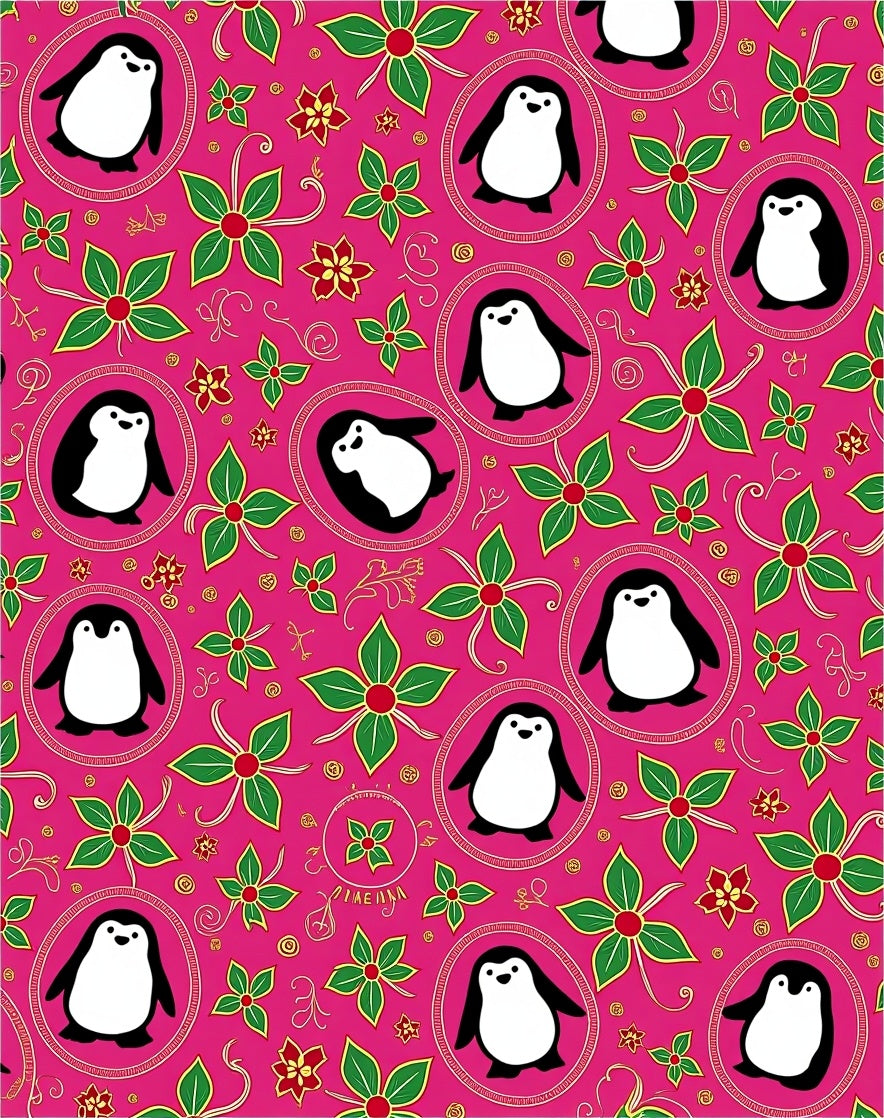 Pink Penguin Floral Whimsical Garden Rug