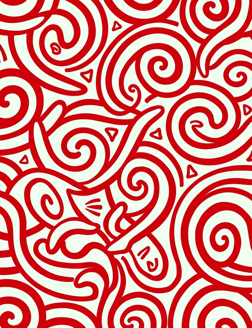 Vibrant Red Swirl Cartoony Feline Rug