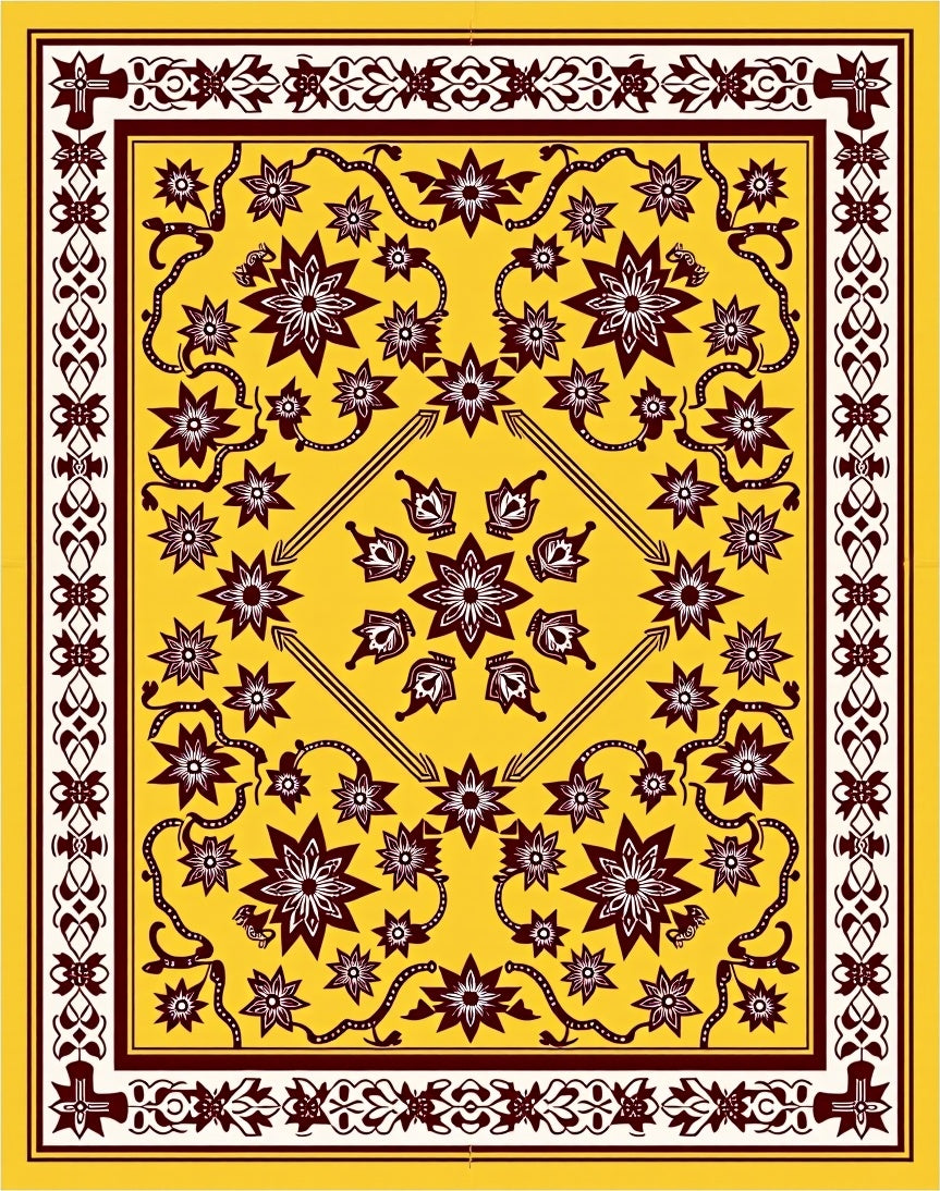 Golden Starburst Floral Border Rug