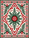 Crimson Green Leaf Medallion Mandala Rug