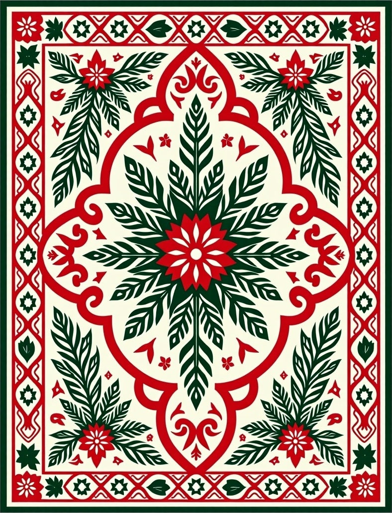 Crimson Green Leaf Medallion Mandala Rug
