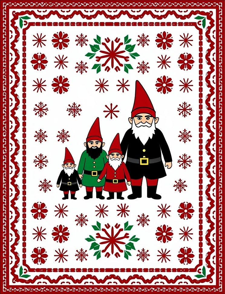 Whimsical Red Festive Gnome Family Snowflakes Rug