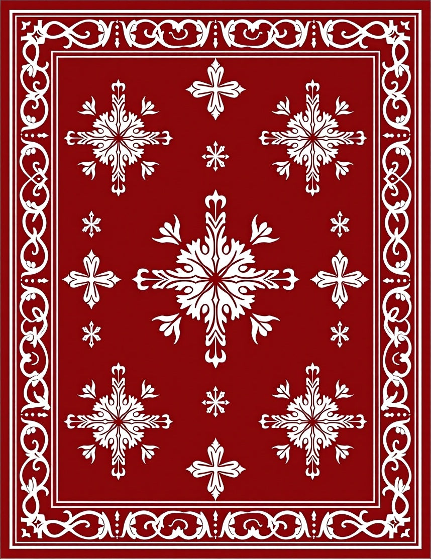 Crimson White Floral Scroll Overlay Rug