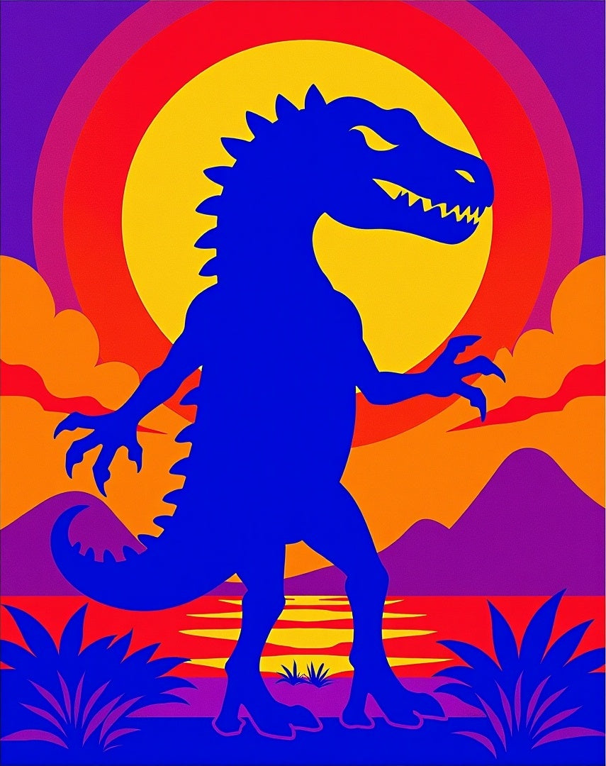 Bold Blue Dinosaur Sunset Landscape Rug