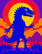 Bold Blue Dinosaur Sunset Landscape Rug