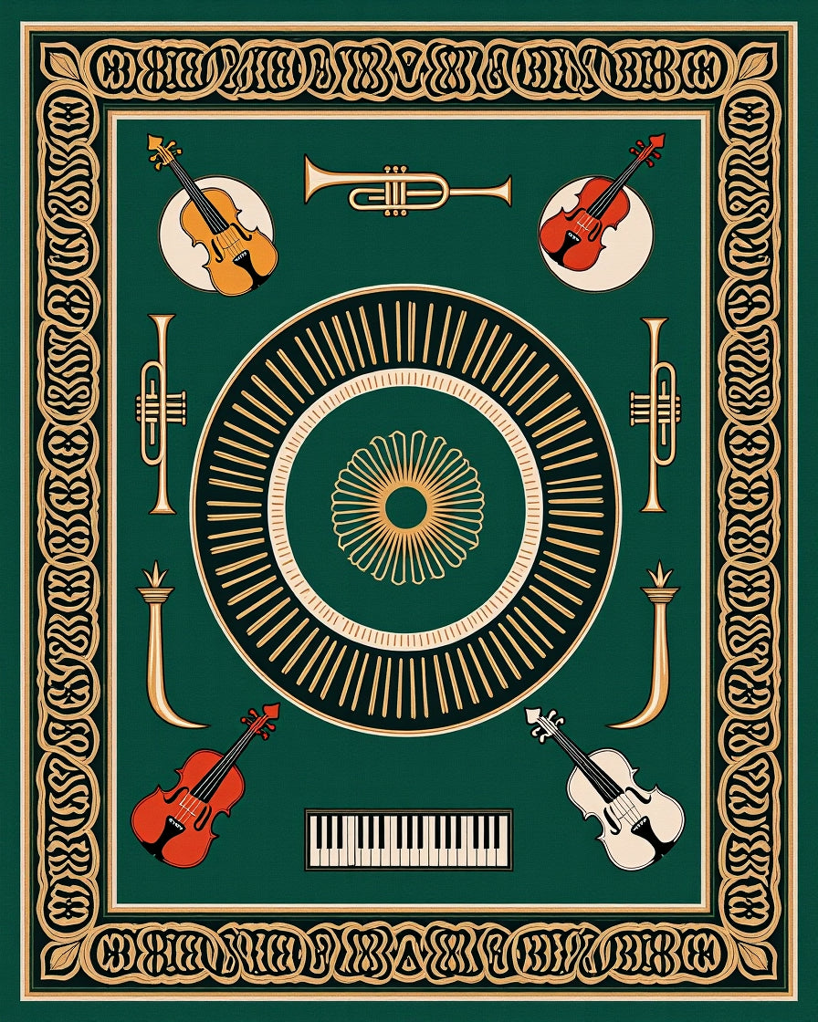 Vintage Musical Instruments Gold Border Rug