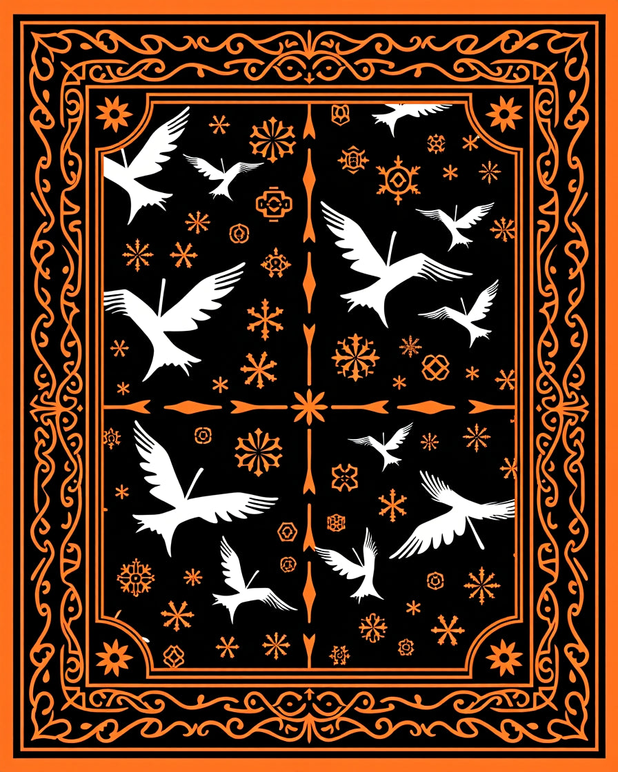 Orange Black Flying Crane Snowflake Frame Rug