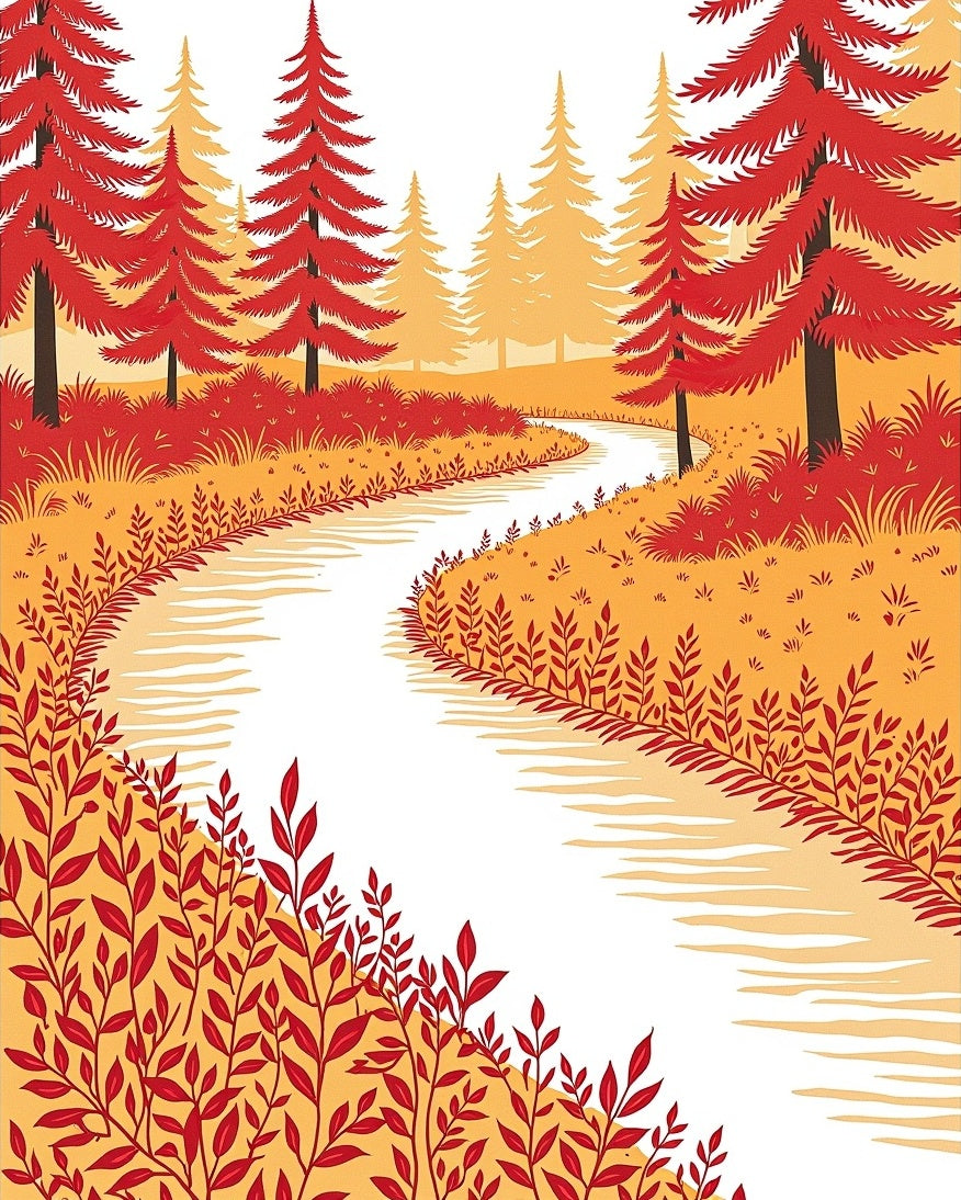 Crimson Autumn Forest River Scene Rug