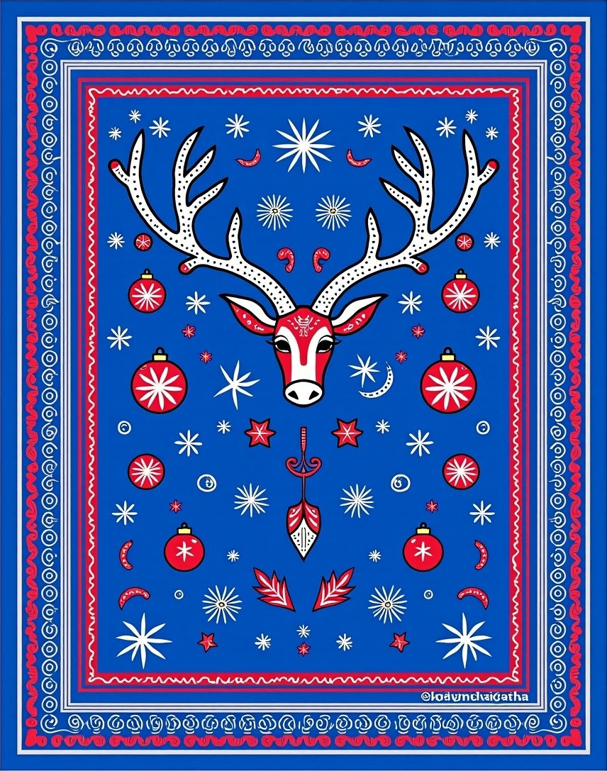 Bold Red White Reindeer Snowflake Garland Rug