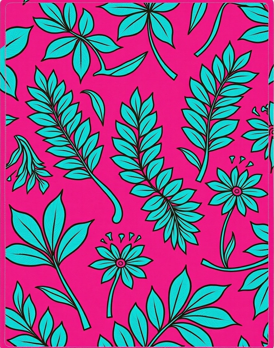 Hot Pink Teal Tropical Leaf Flowers Rug