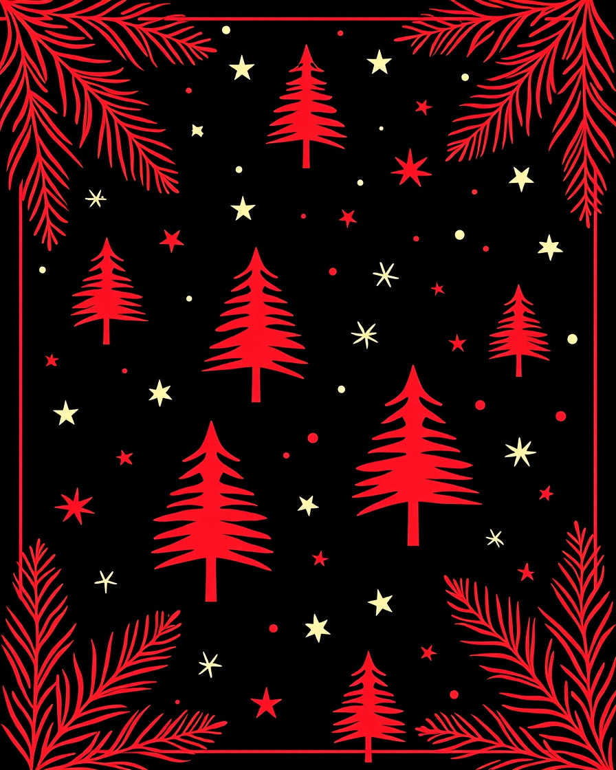 Red Black Fir Trees Stars Border Rug