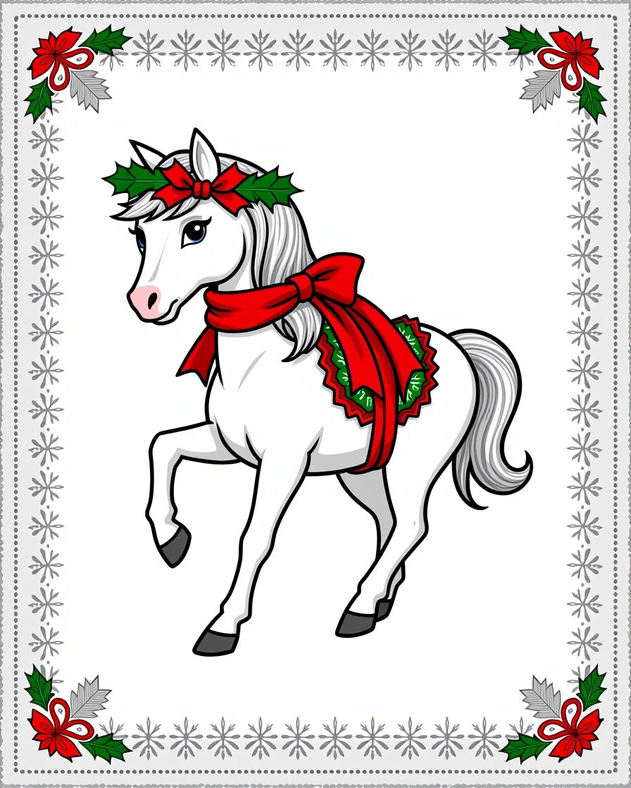 White Horse with Red Holiday Bows Rug