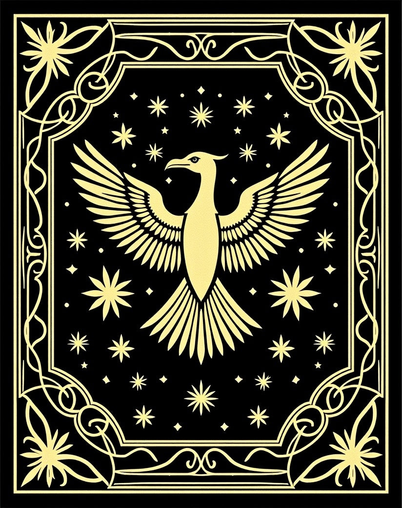 Golden Phoenix Stars Ornate Border Rug