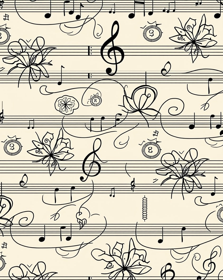 Black Musical Notes Floral Cream Background Rug