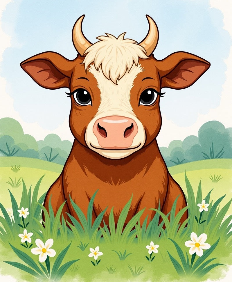 Whimsical Brown Cow Amongst White Flowers Rug