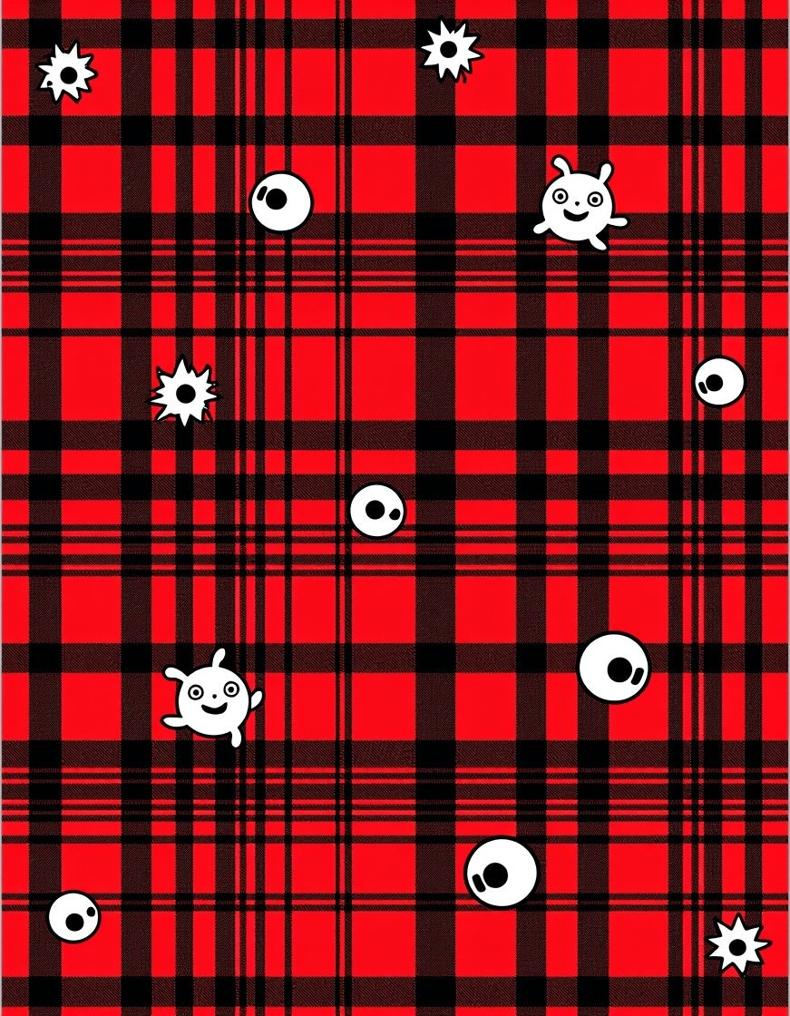 Red Black Plaid Whimsical Creatures Rug