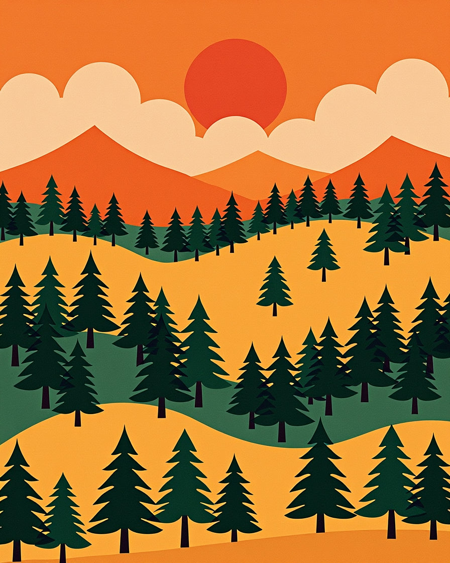 Vibrant Orange Forest Sunset Hills Rug