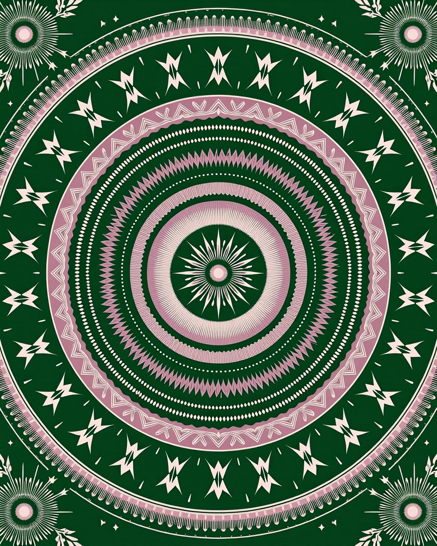 Deep Emerald Pink Concentric Sunburst Rug
