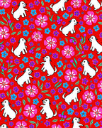 Happy White Dogs Pink Blue Flowers Rug