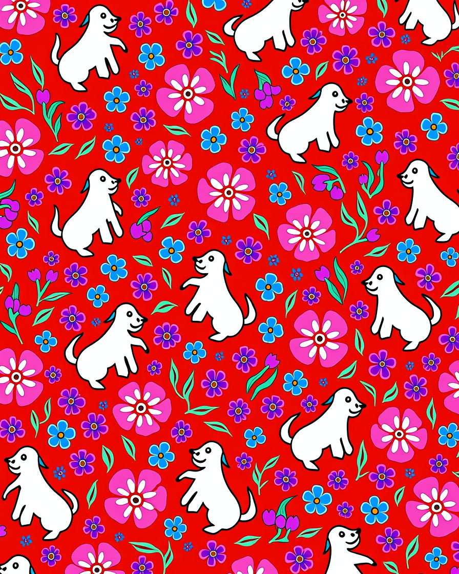 Happy White Dogs Pink Blue Flowers Rug
