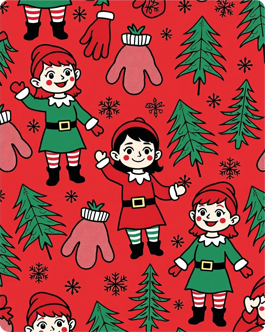 Christmas Elf Merry Trees Snowflakes Mittens Rug