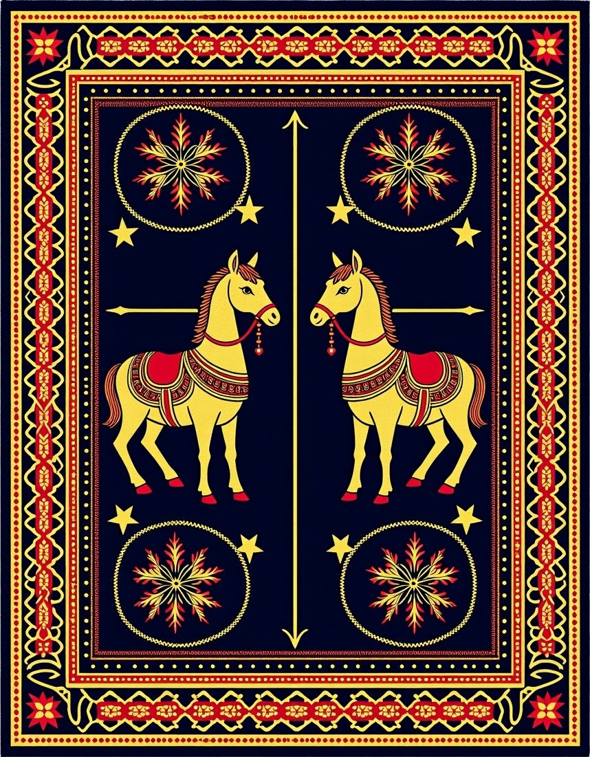 Golden Horses Red Saddle Medallion Border Rug