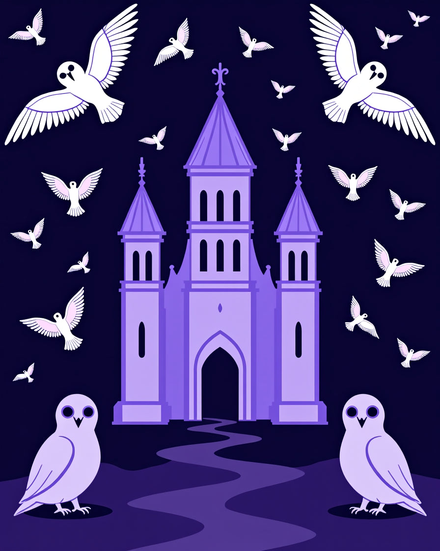 Purple Castle with Owls and Birds Rug