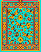 Teal Orange Dragonfly Floral Border Rug