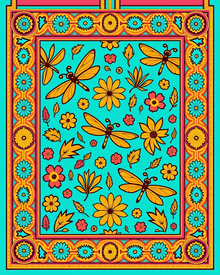 Teal Orange Dragonfly Floral Border Rug