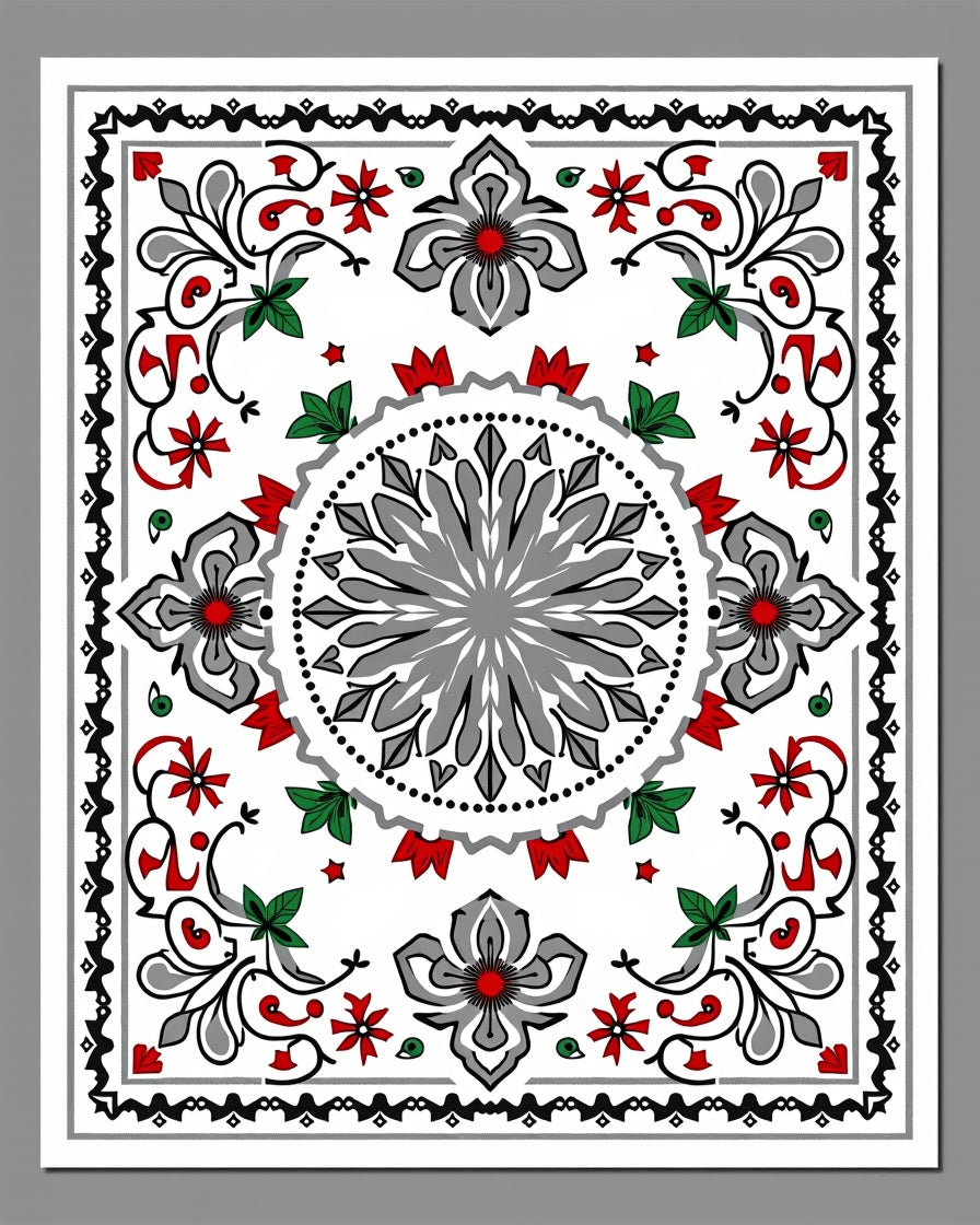 Gray Red Floral Medallion Border Rug