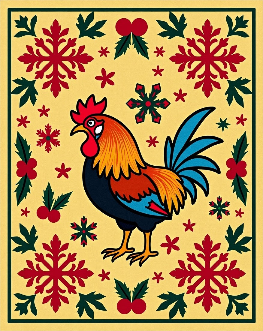Folk Art Rooster Red Snowflake Border Rug