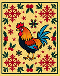 Folk Art Rooster Red Snowflake Border Rug