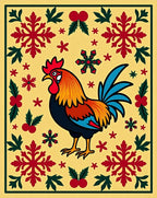 Folk Art Rooster Red Snowflake Border Rug