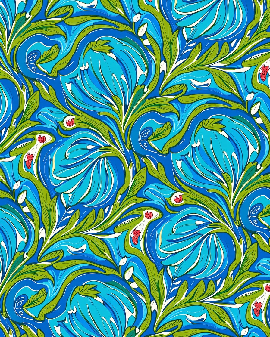 Blue Green Floral Swirl Art Nouveau Rug