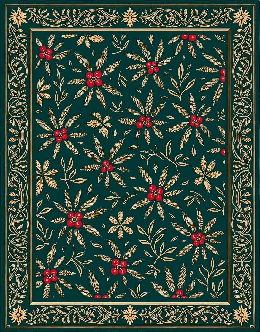 Emerald Green Floral Border Medallion Rug