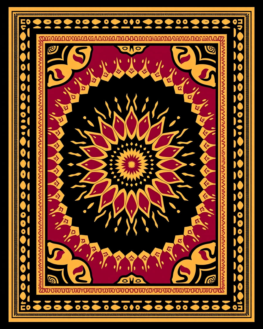 Deep Red Golden Floral Medallion Rug