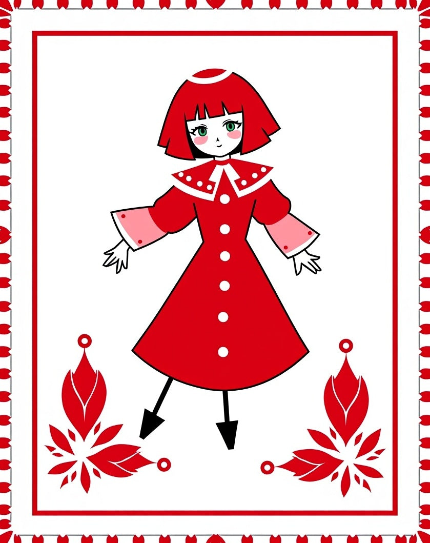 Whimsical Red Character Floral Border Rug