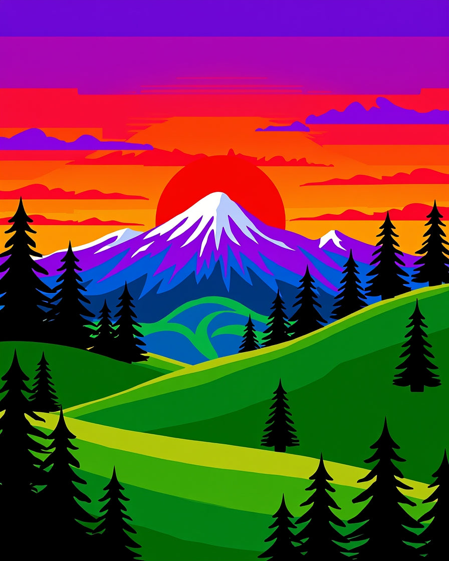 Vibrant Purple Sunset Mountain Landscape Rug